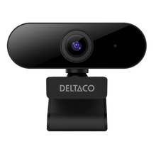 Deltaco webkamera Full HD sort med central linse, indikatorlys, clip-on base til monitor/laptop, USB-A tilslutning.
