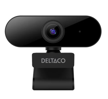 Deltaco webkamera Full HD sort med central linse, indikatorlys, clip-on base til monitor/laptop, USB-A tilslutning.