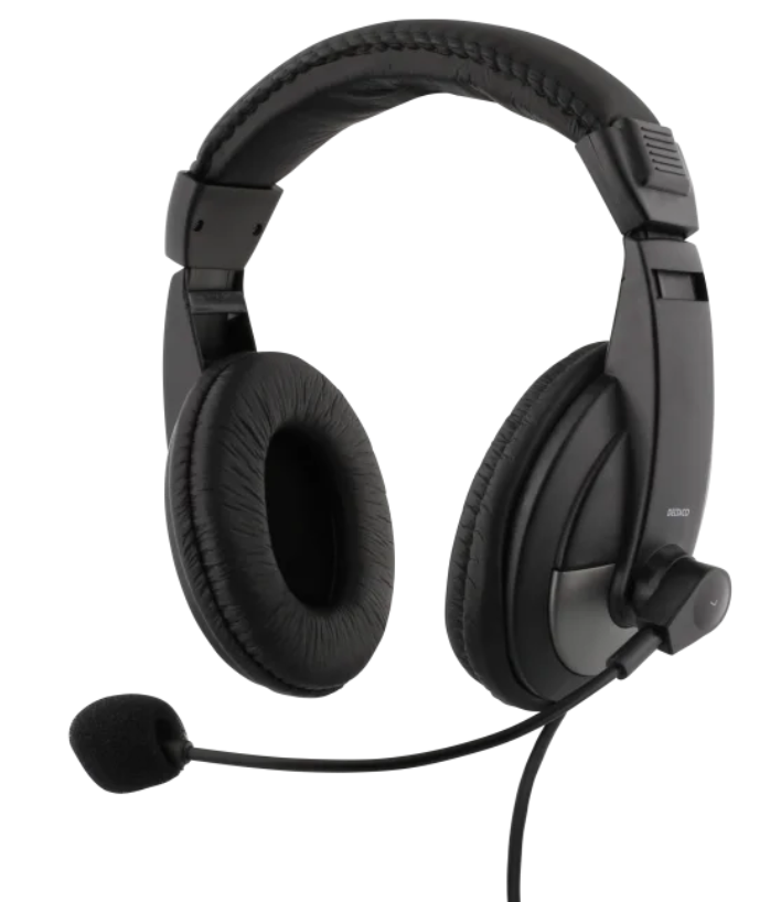 Deltaco USB-C Office Headset sort over-ear med polstrede ørepuder, justerbar bøjle og fleksibel venstremikrofon.