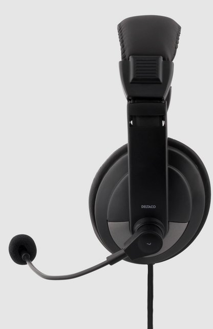 Deltaco USB-C headset sort over-ear, polstret hovedbøjle, justerbar mikrofon, logo på ørekop.