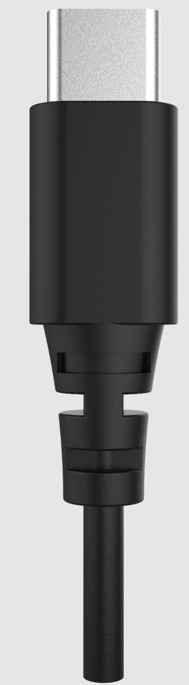 Deltaco USB-C Office Headset kabel close-up med stik vendt opad, lysegrå baggrund.
