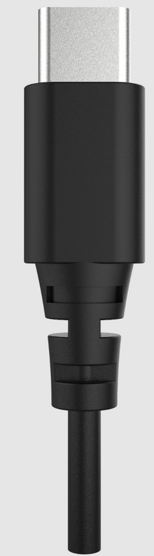 Deltaco USB-C Office Headset kabel close-up med stik vendt opad, lysegrå baggrund.