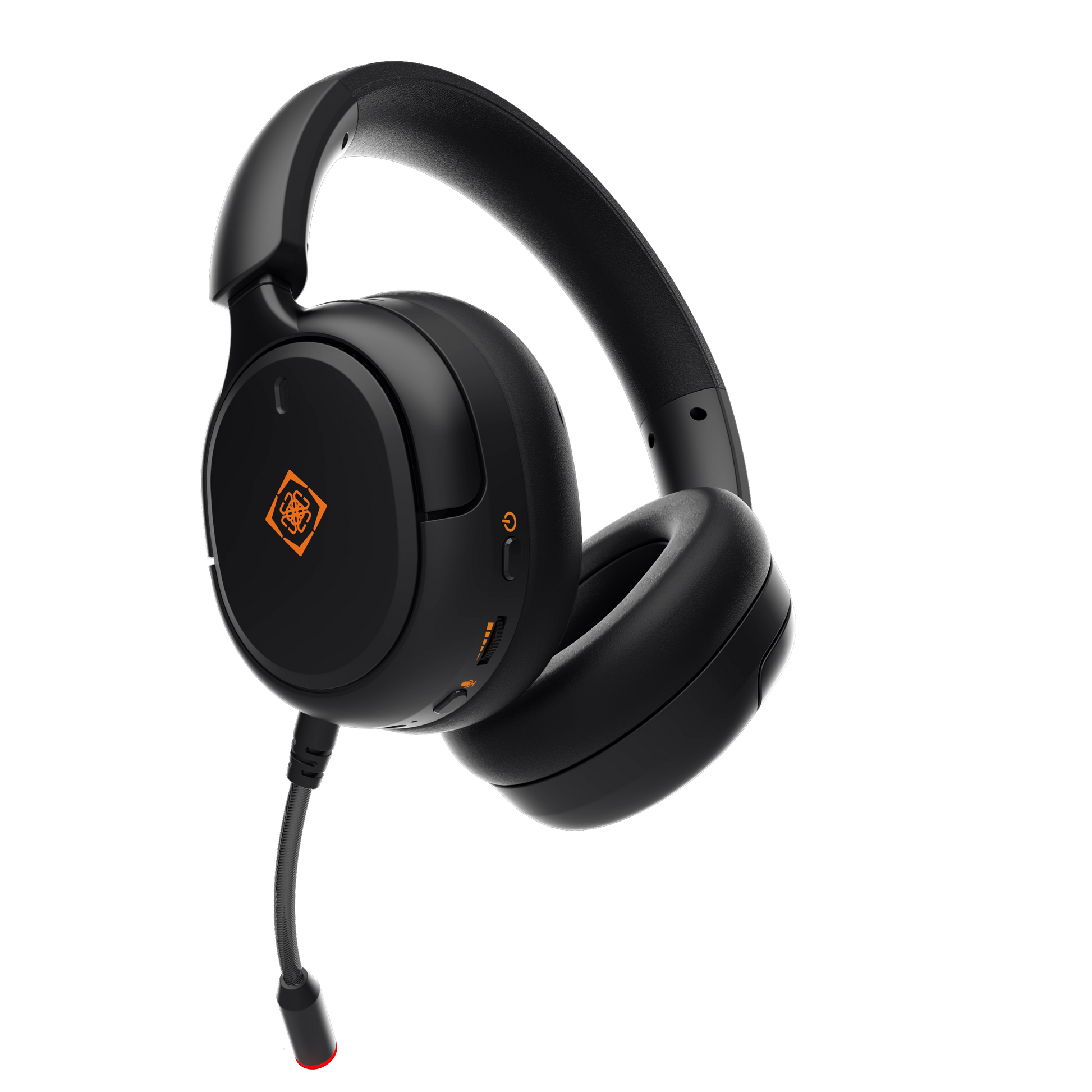 Deltaco Gaming DH330 trådløst sort over-ear headset med polstret bøjle, hurtig mikrofon og orange detaljer på ørekopper.