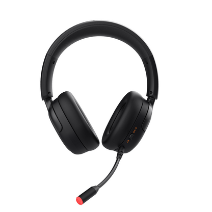 Deltaco Gaming DH330 trådløst sort over-ear headset med polstret hovedbøjle og hurtig boom-mikrofon med røde spidser.