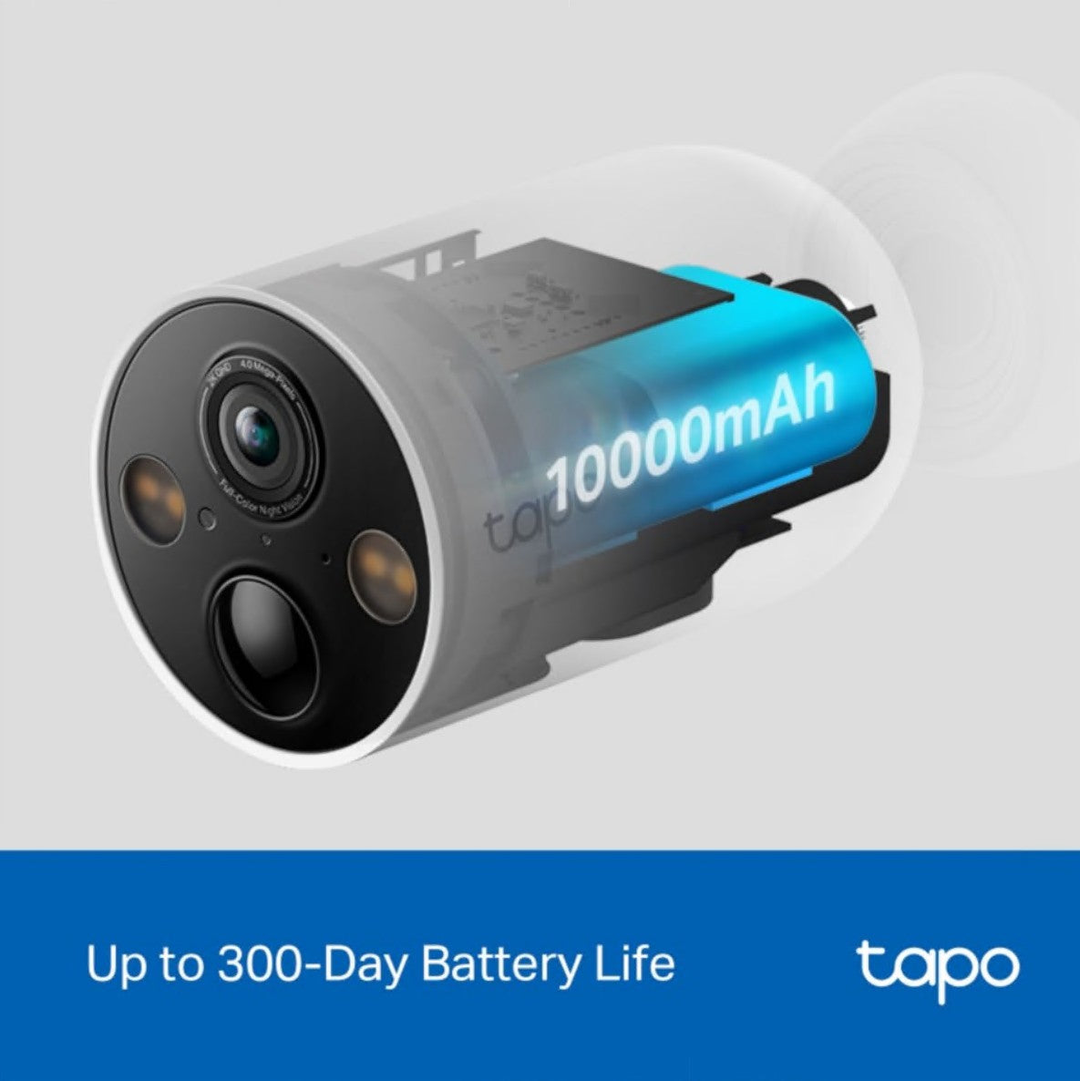 Tapo C425 4 stk overvågningskamera, 2K QHD, op til 300 dages batterilevetid, Tapo-logo på blå baggrund.