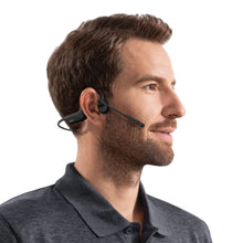 Shokz OpenComm2 trådløse hovedtelefoner med støjreducerende mikrofon bæres af mand, kort brunt hår, trimmet skæg.