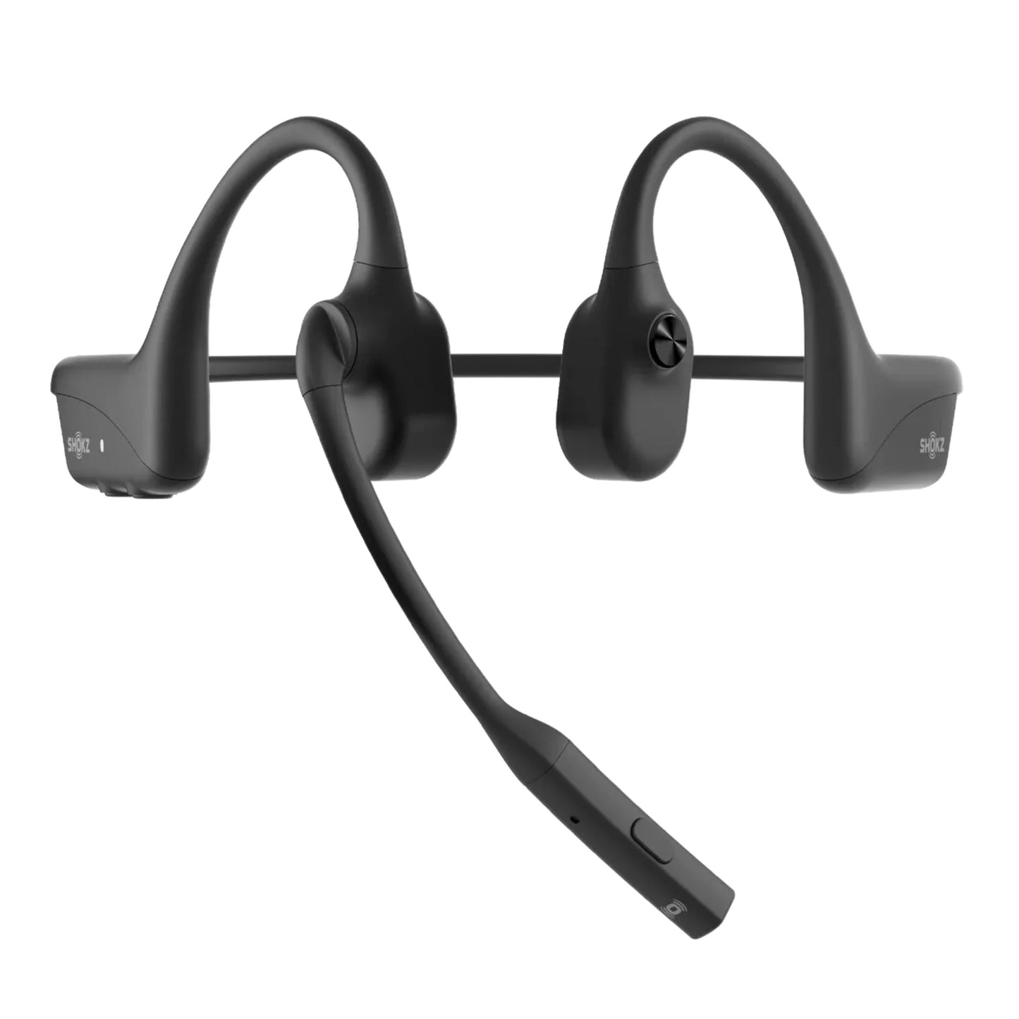 Shokz OpenComm2 trådløse sorte Bluetooth knogleledningshovedtelefoner med støjreducerende mikrofon og fleksibelt pandebånd.