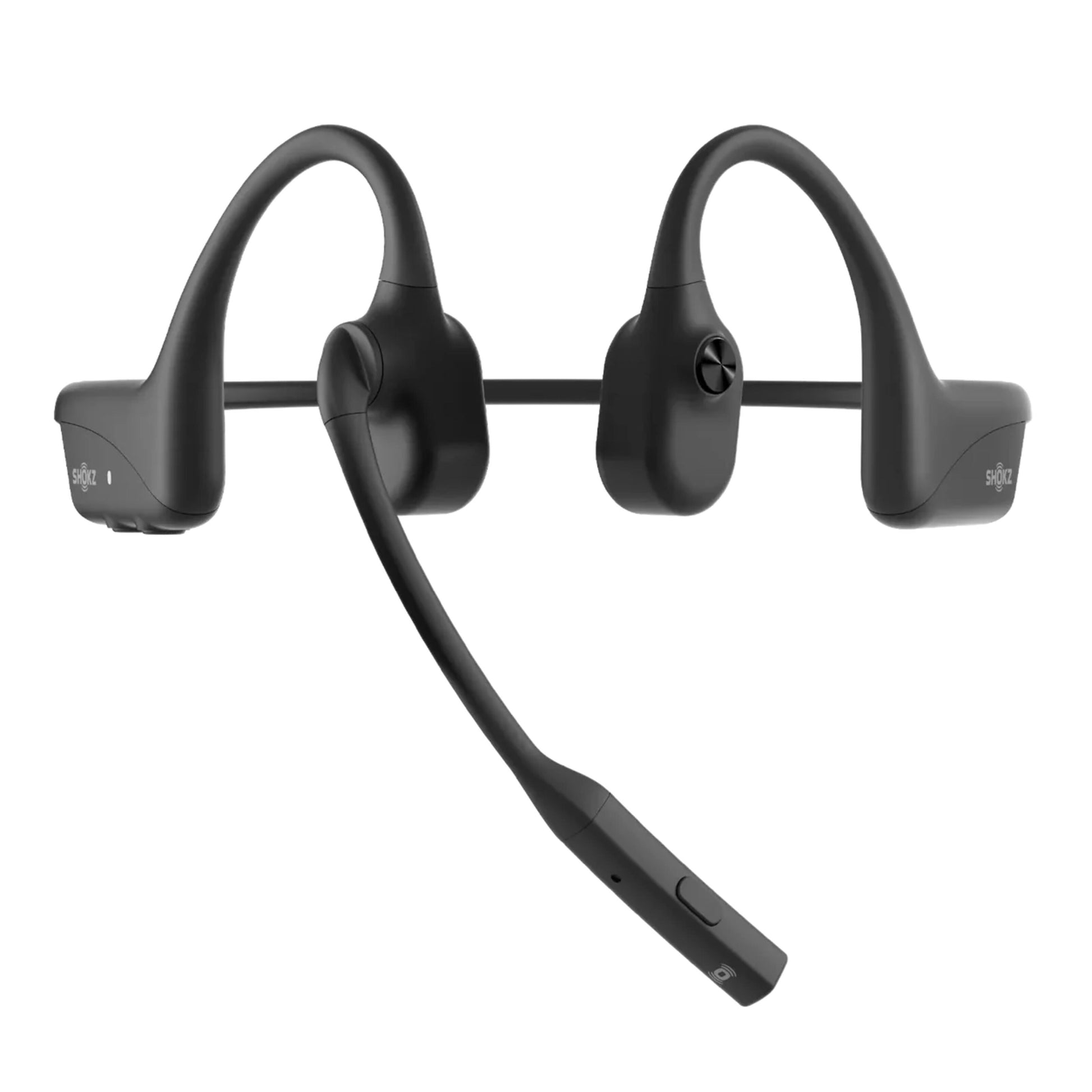 Shokz OpenComm2 trådløse sorte Bluetooth knogleledningshovedtelefoner med støjreducerende mikrofon og fleksibelt pandebånd.