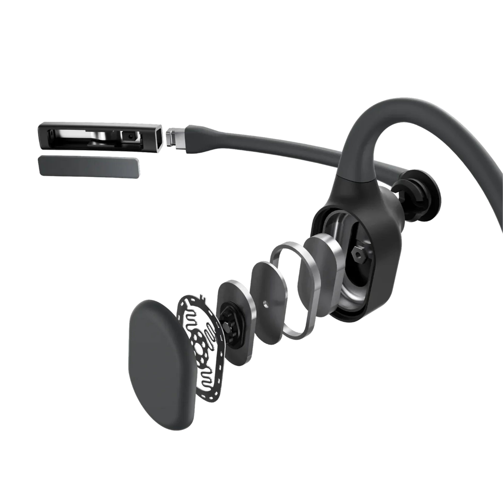 Shokz OpenComm2 trådløse hovedtelefoner eksploderet visning med synlige højttaler, mesh, mikrofon og indre lag.