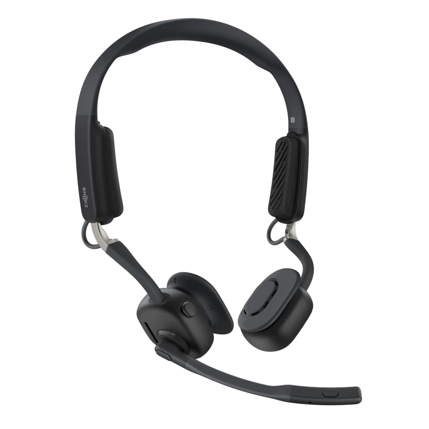 Shokz OpenMeet sorte trådløse on-ear høretelefoner med mikrofonarm, justerbar bøjle, bløde puder og open-ear design.