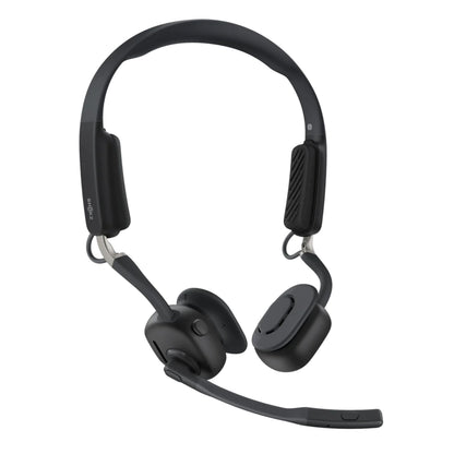 Shokz OpenMeet sorte trådløse on-ear høretelefoner med mikrofonarm, justerbar bøjle, bløde puder og open-ear design.