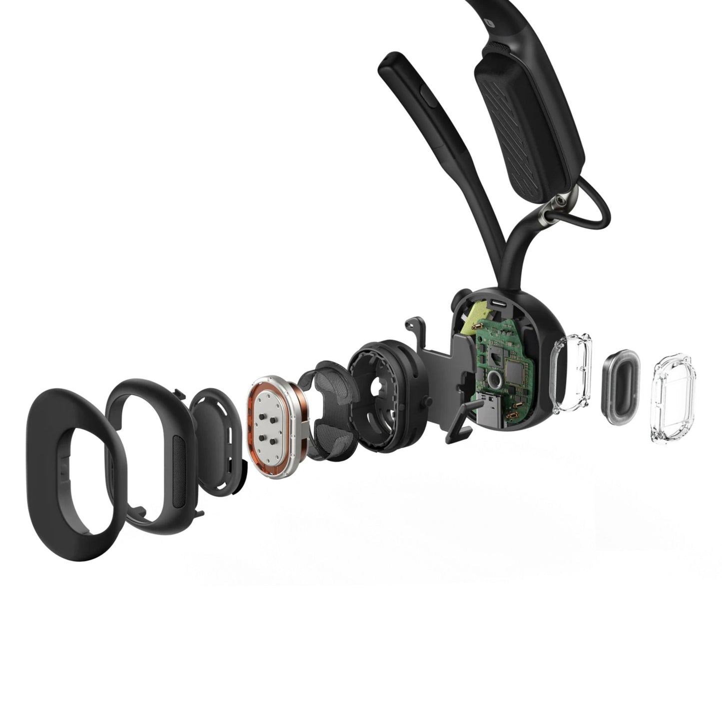 Shokz OpenMeet kontorhovedtelefoner sort over-ear, alle indvendige dele vist: ørepuder, højttalere, printplader, ydre skal.