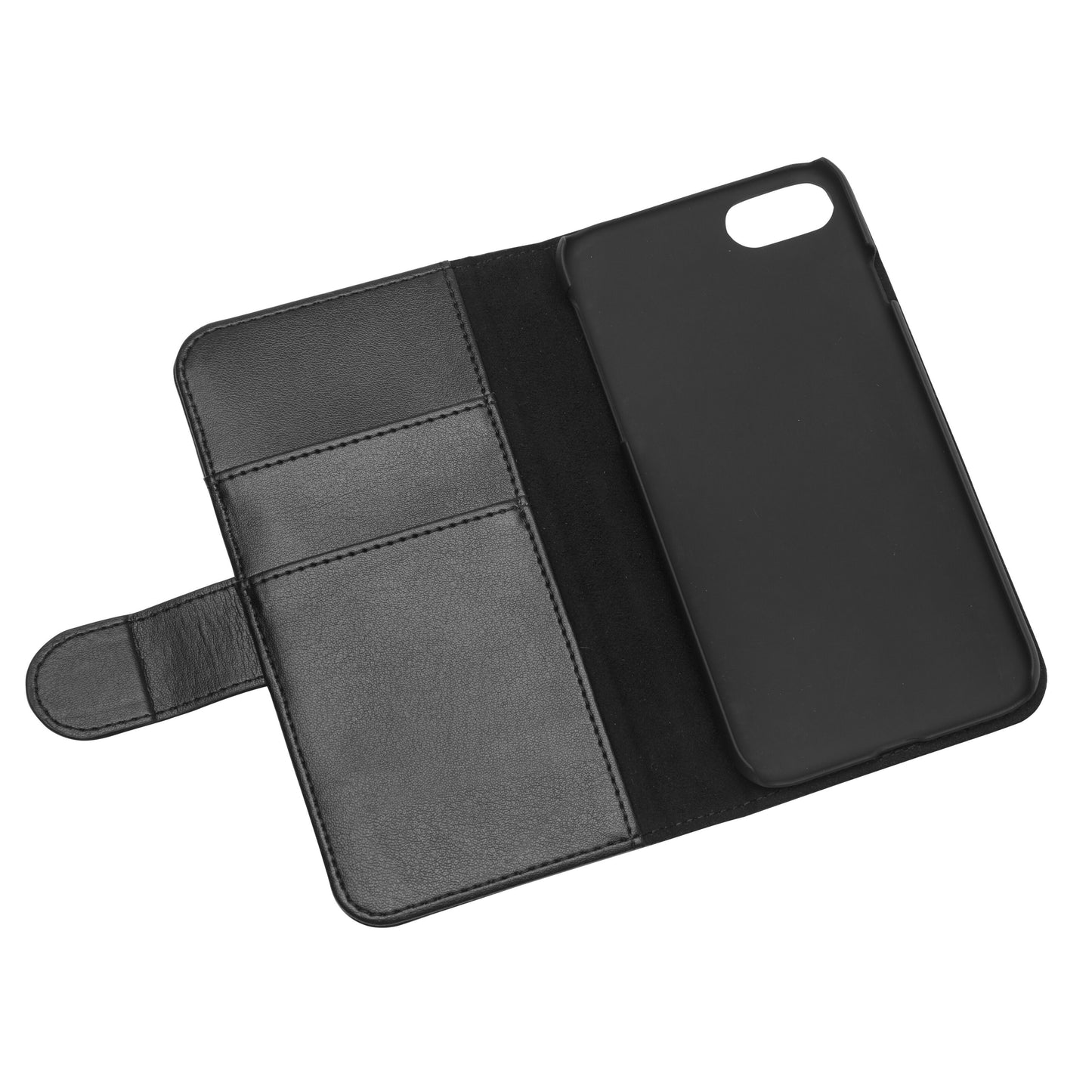 Linocell mobilpung til iPhone 6/6s/7/8/SE sort, kortlommer venstre, telefonholder højre, magnetisk lukkerem.