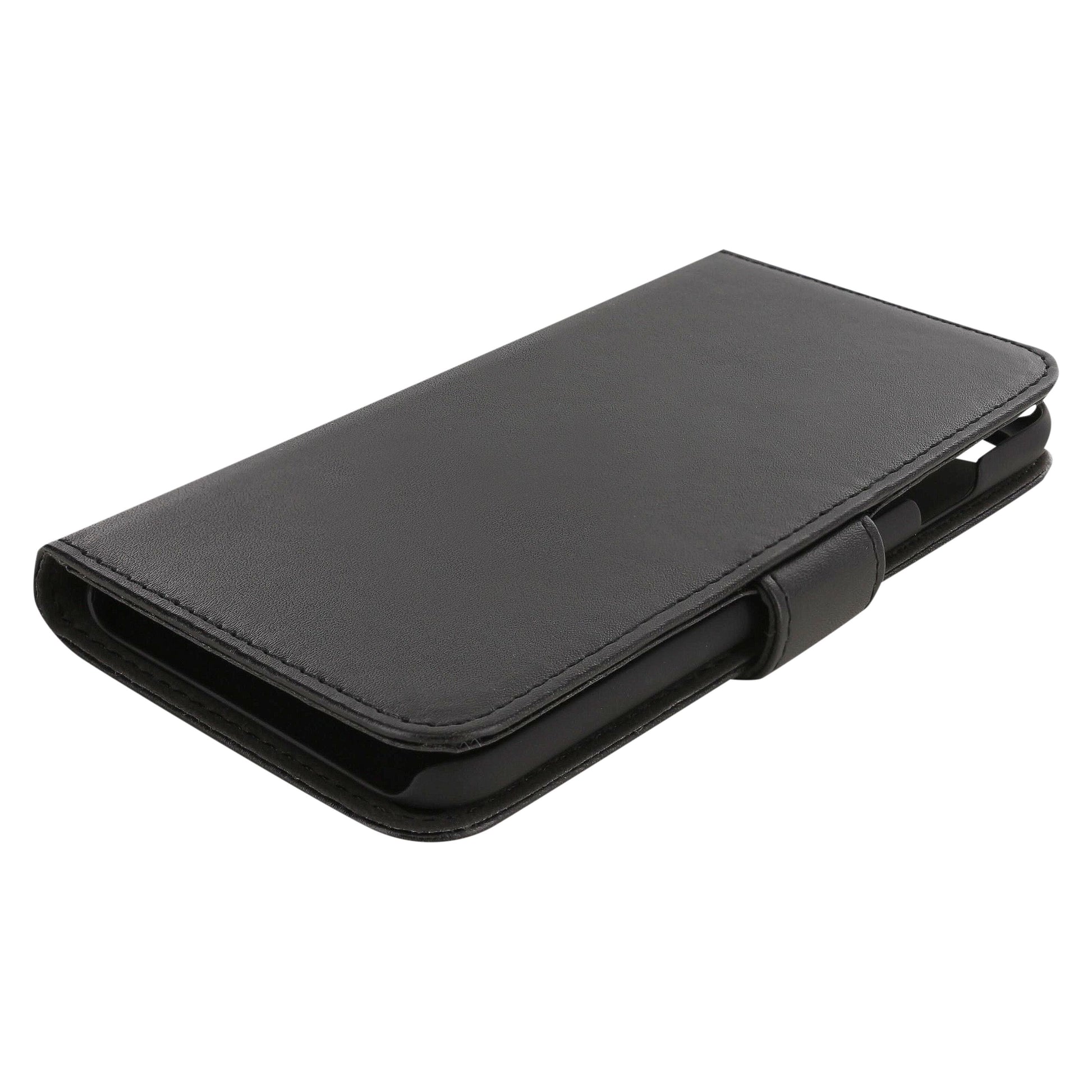Sort læder etui til iPhone 6, 6s, 7, 8 og SE med kortholder, synlige stikninger og magnetisk lukning i siden.
