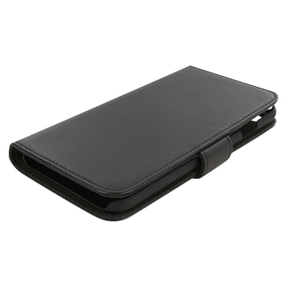 Sort læder etui til iPhone 6, 6s, 7, 8 og SE med kortholder, synlige stikninger og magnetisk lukning i siden.