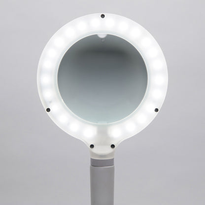 Ledsavers Arbejdsbelysning med forstørrelse LED 410 lm, hvid rund lampe med lup og grå stander.