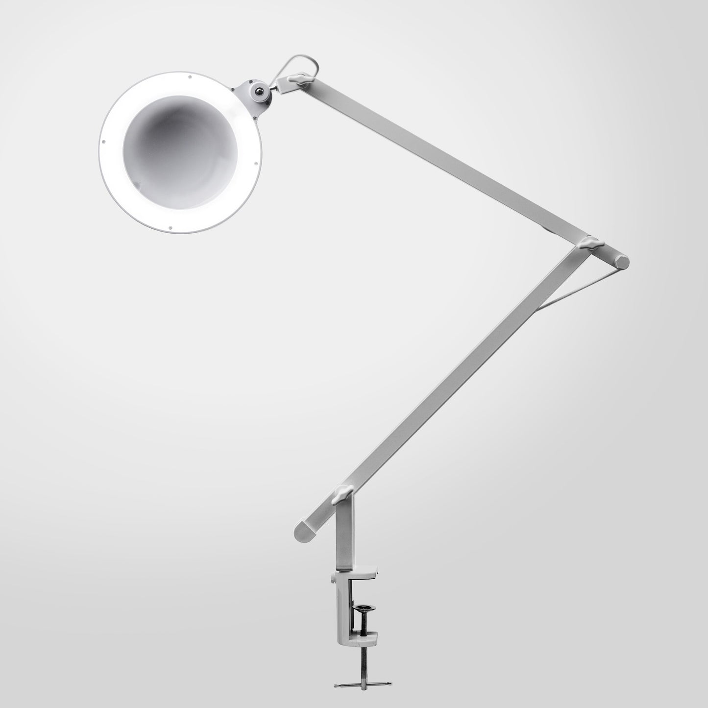 Arbejdsbelysning med forstørrelse LED 570 lm hvid, justerbar arm, rund lup og LED-lys, bordklemme.