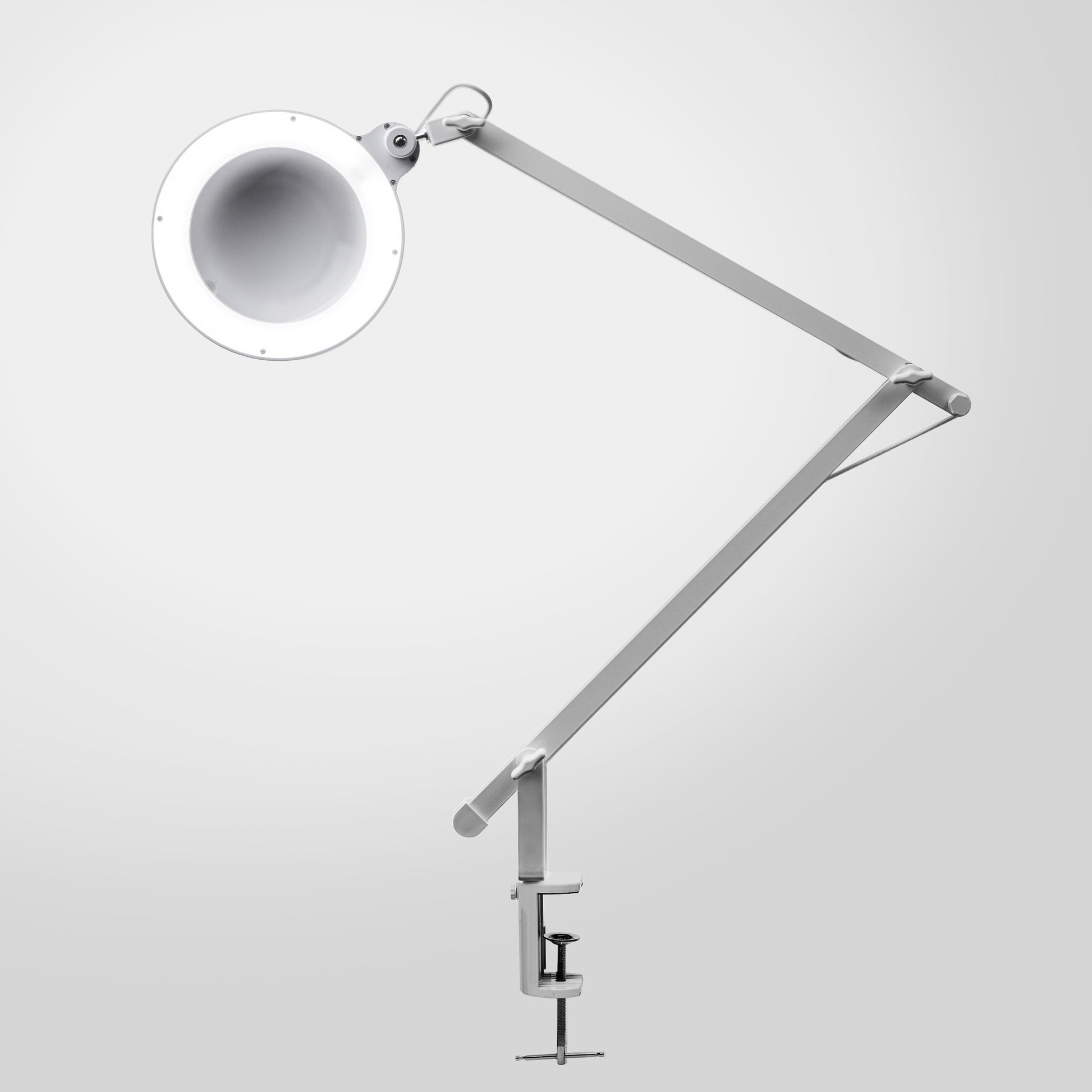 Arbejdsbelysning med forstørrelse LED 570 lm hvid, justerbar arm, rund lup og LED-lys, bordklemme.