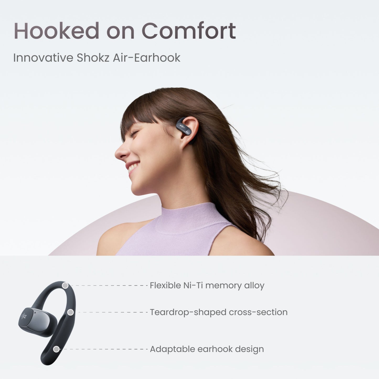 Shokz OpenFit Air trådløse øretelefoner Sort med over-ear bøjle, fleksibelt memory alloy og teardrop-design, tekst: Hooked on Comfort.