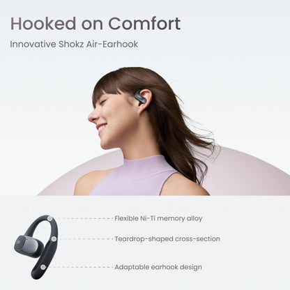 Shokz OpenFit Air trådløse øretelefoner Sort med over-ear bøjle, fleksibelt memory alloy og teardrop-design, tekst: Hooked on Comfort.