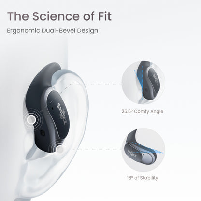 Shokz OpenFit Air trådløse øretelefoner sort vist på øre med mærkater for dobbelt-skåret design, 25,5° vinkel, 18° stabilitet.