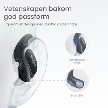 Shokz OpenFit Air trådløse øretelefoner sort på øre, svensk tekst om ergonomisk design, 25,5° vinkel og 18° stabilitet.