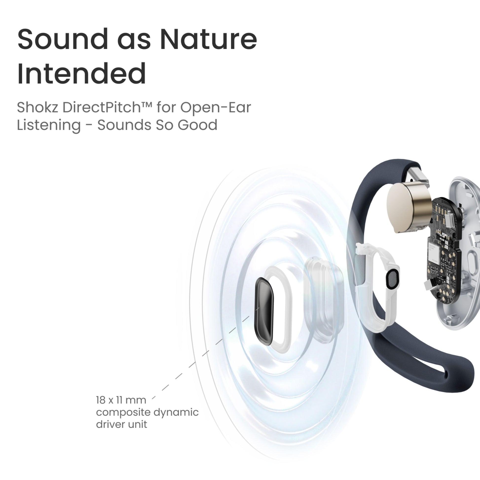 Shokz OpenFit Air trådløse øretelefoner sort, vises i adskilt design med synlige lydbølger og DirectPitch teknologi.