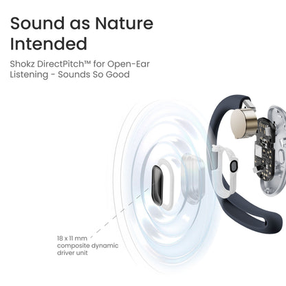 Shokz OpenFit Air trådløse øretelefoner sort, vises i adskilt design med synlige lydbølger og DirectPitch teknologi.
