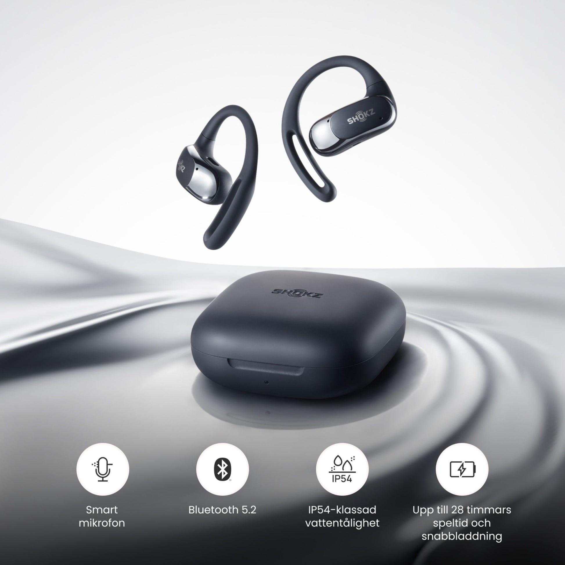 Shokz OpenFit Air trådløse øretelefoner sort med ørebøjler, opladeetui, Bluetooth 5.2, IP54 og 28 t batteritid.