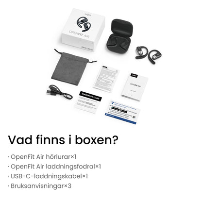 Shokz OpenFit Air trådløse øretelefoner sort med ladeetui, USB-C-kabel, stofpose, garantikort og tre manualer.