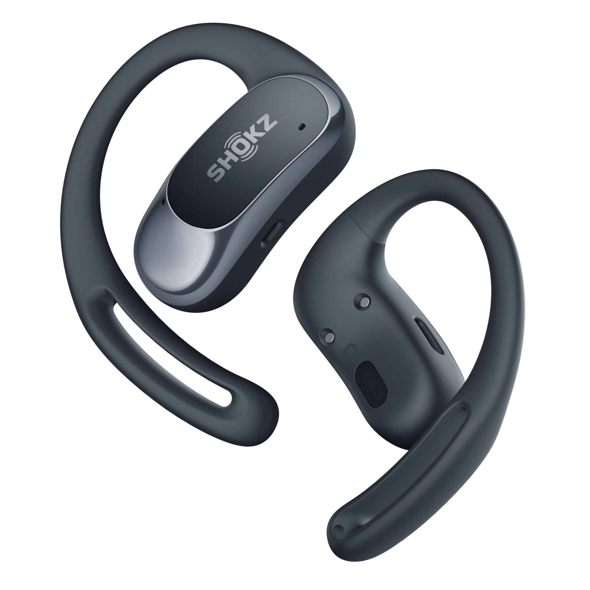 Shokz OpenFit Air sorte trådløse åbne øretelefoner med ørebøjler, glatte kurver og få knapper.