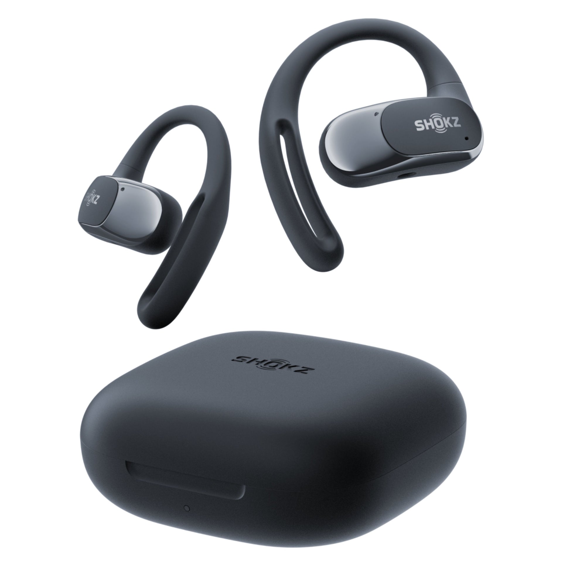 Shokz OpenFit Air trådløse øretelefoner sort med sort opladeetui og Shokz-logo.