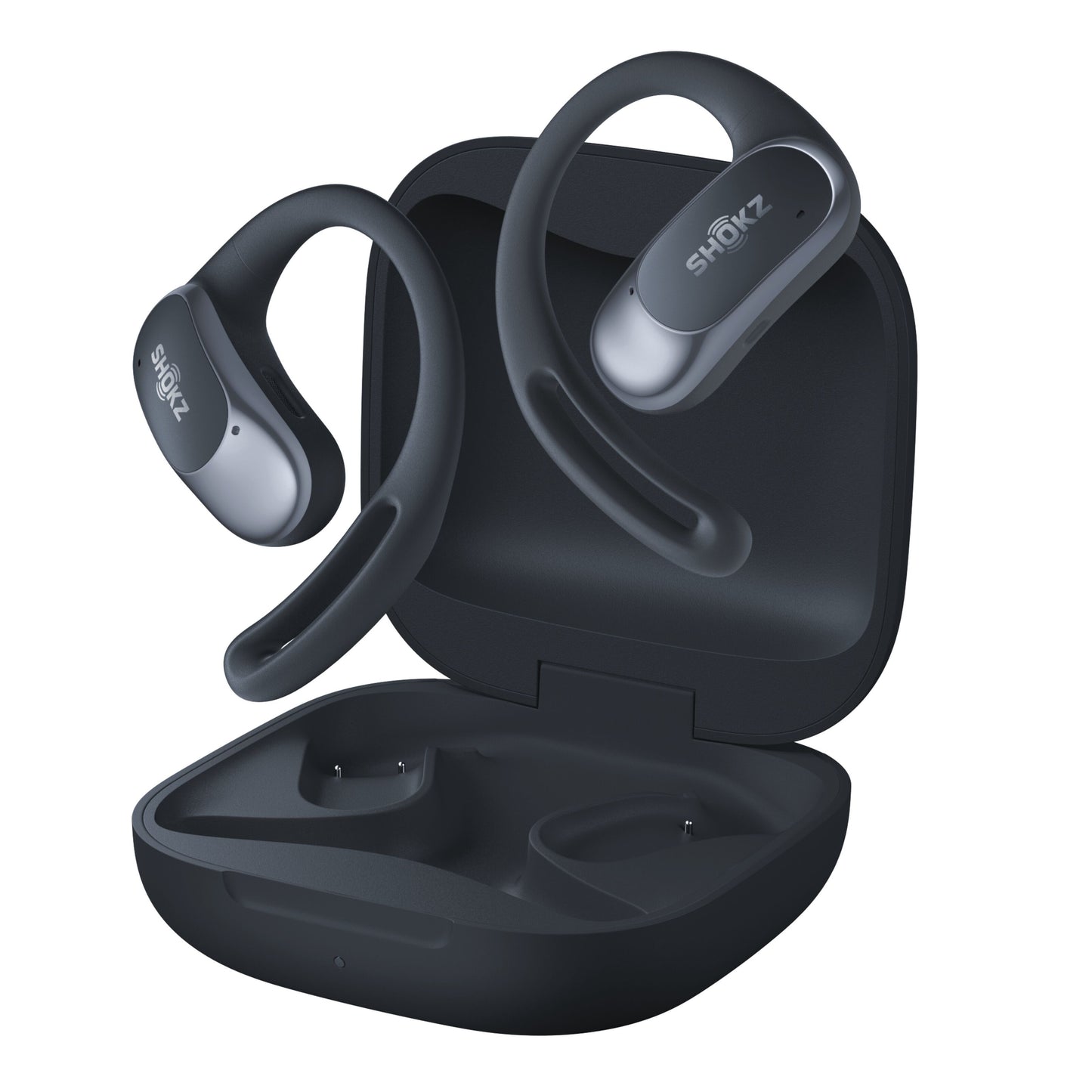 Shokz OpenFit Air trådløse øretelefoner sort med ørekroge over åben matchende opladeetui.