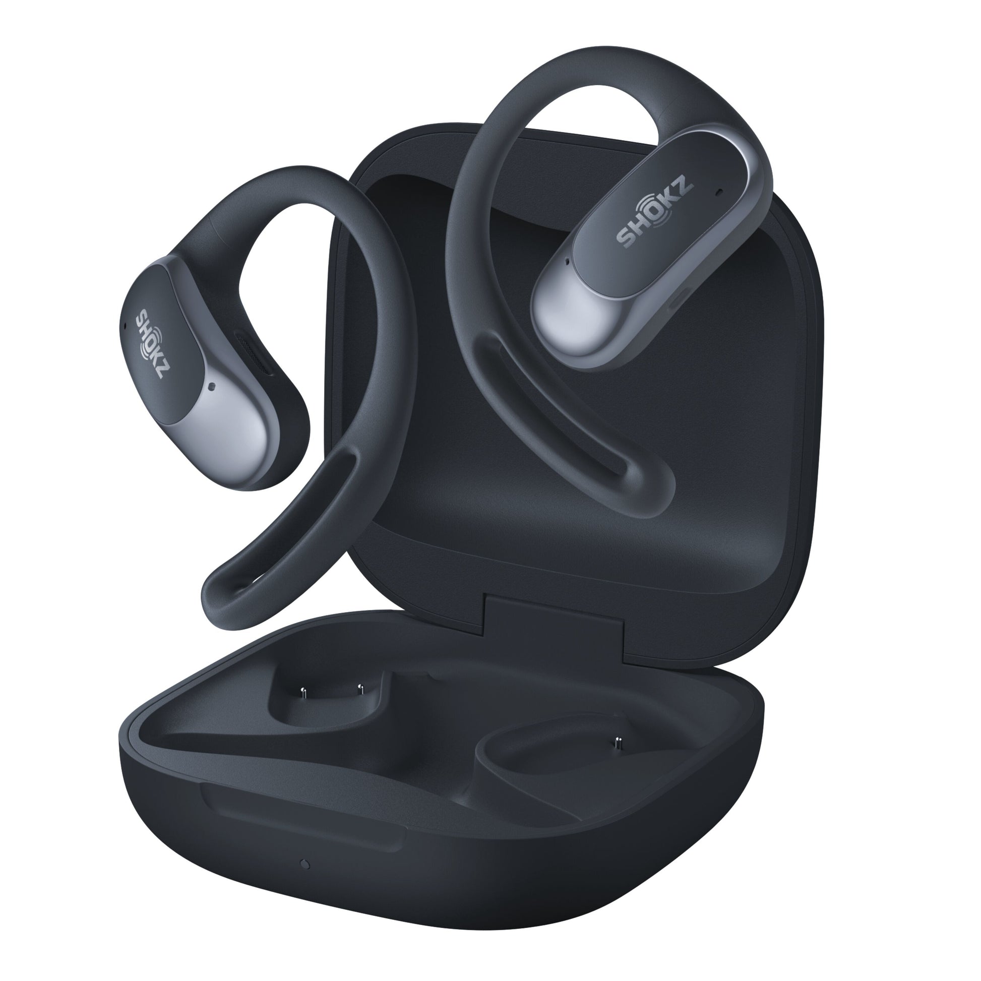 Shokz OpenFit Air trådløse øretelefoner sort med ørekroge over åben matchende opladeetui.