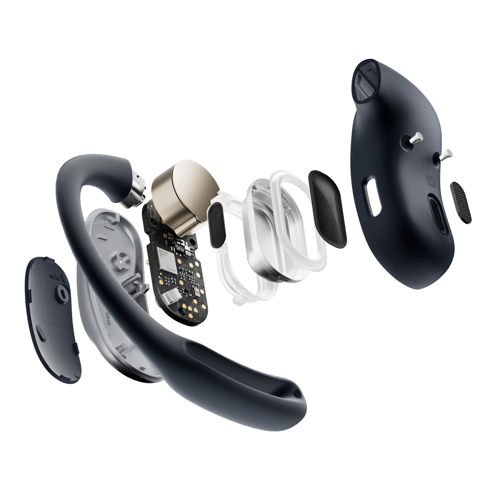 Shokz OpenFit Air sorte trådløse øretelefoner, eksploderet visning med synligt kredsløb, driver, spole og ydre dele.