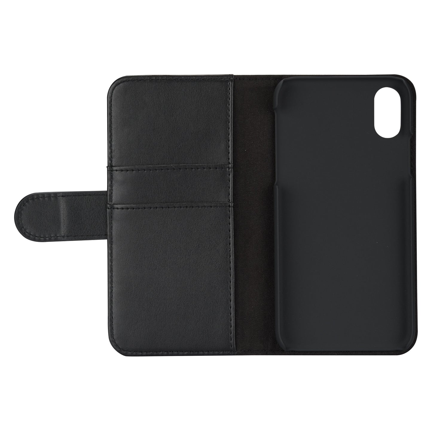 Linocell mobilpung til iPhone X/Xs sort PU-læder kortlommer venstre side og telefonholder højre side.