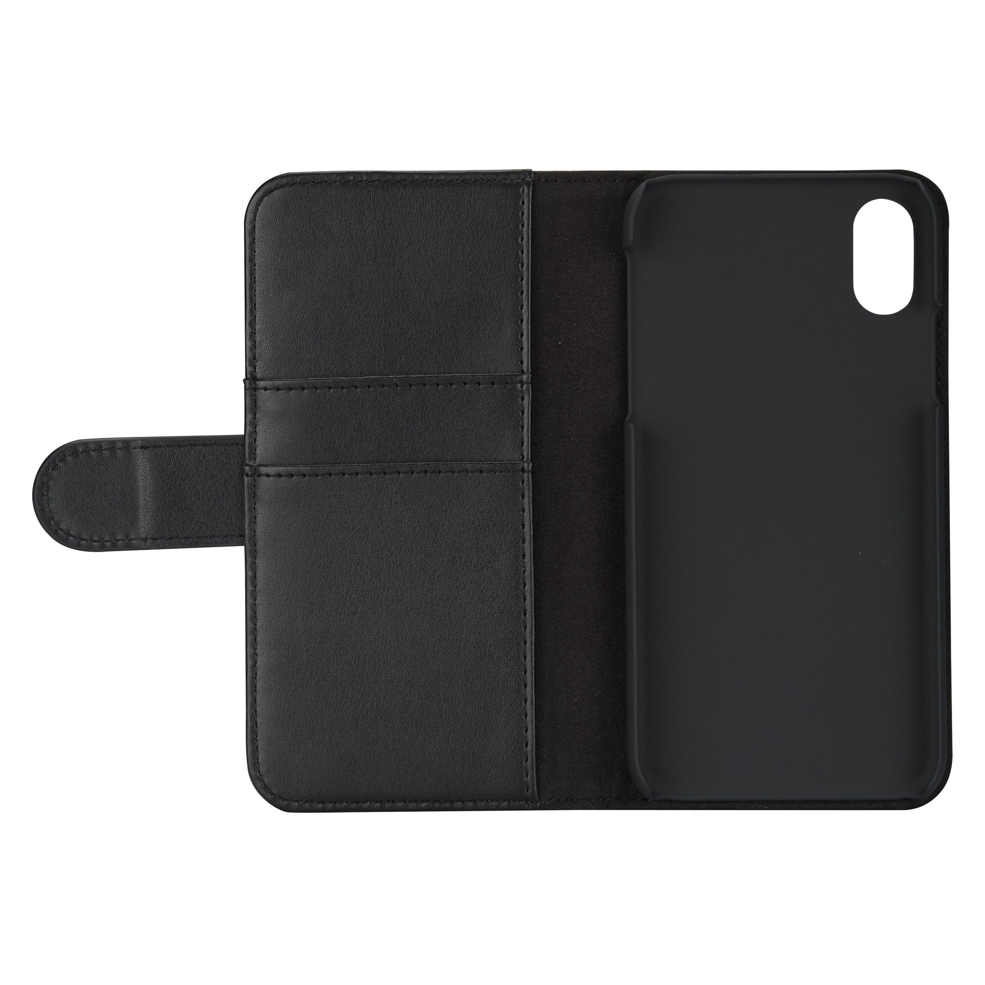 Linocell mobilpung til iPhone X/Xs sort PU-læder kortlommer venstre side og telefonholder højre side.