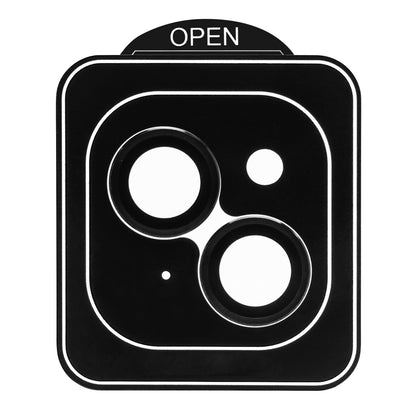 Kameralinsebeskyttere til iPhone 15/15 Plus, hærdet glas, tre runde og én lille prik-udskæring, OPEN mærke øverst.