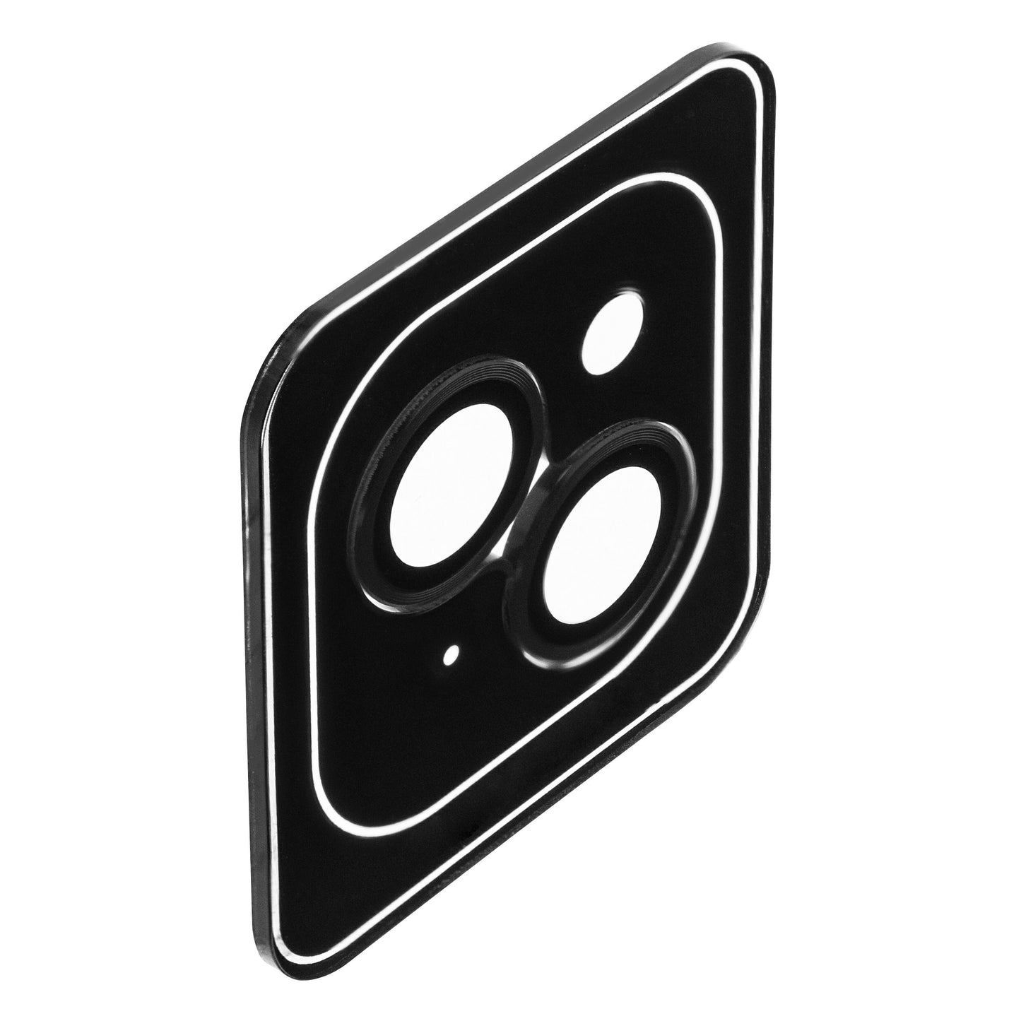 Linocell Elite Extreme kameralinsebeskyttelse til iPhone 15/15 Plus sort med tre store og en lille cirkulær udskæring.