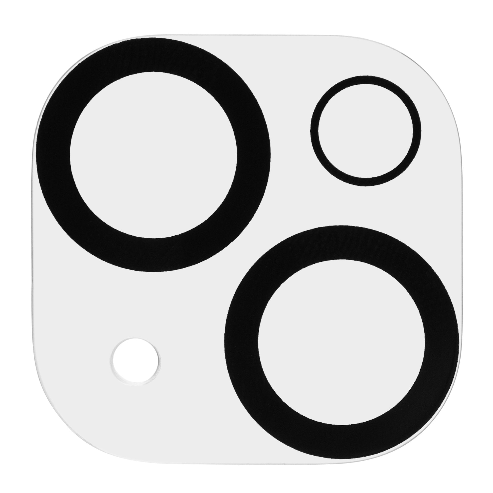Kamerabeskyttelse til iPhone 15/15 Plus, Elite Extreme, hvid firkant med afrundede hjørner og fire sorte cirkler.