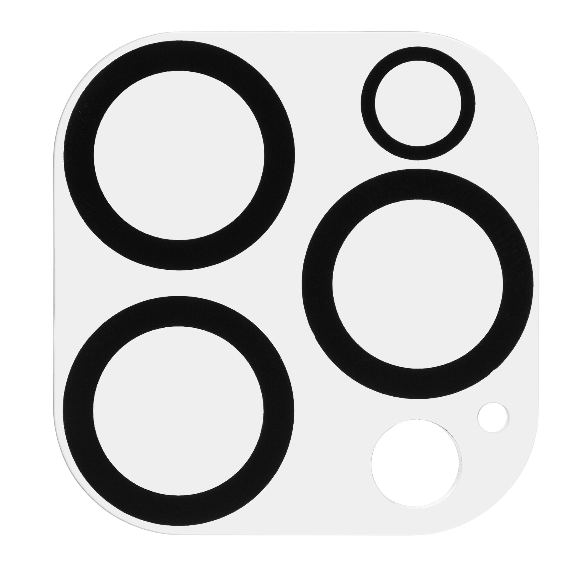 Elite Extreme kamerabeskyttelse til iPhone 15 Pro/15 Pro Max, hvid med fem slags cirkler, afrundede hjørner.
