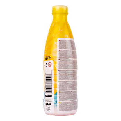 Sæbeboblevæske 1 liter, gul plastflaske med hvidt låg og lang etikette, vandbaseret til sæbeboblemaskine.