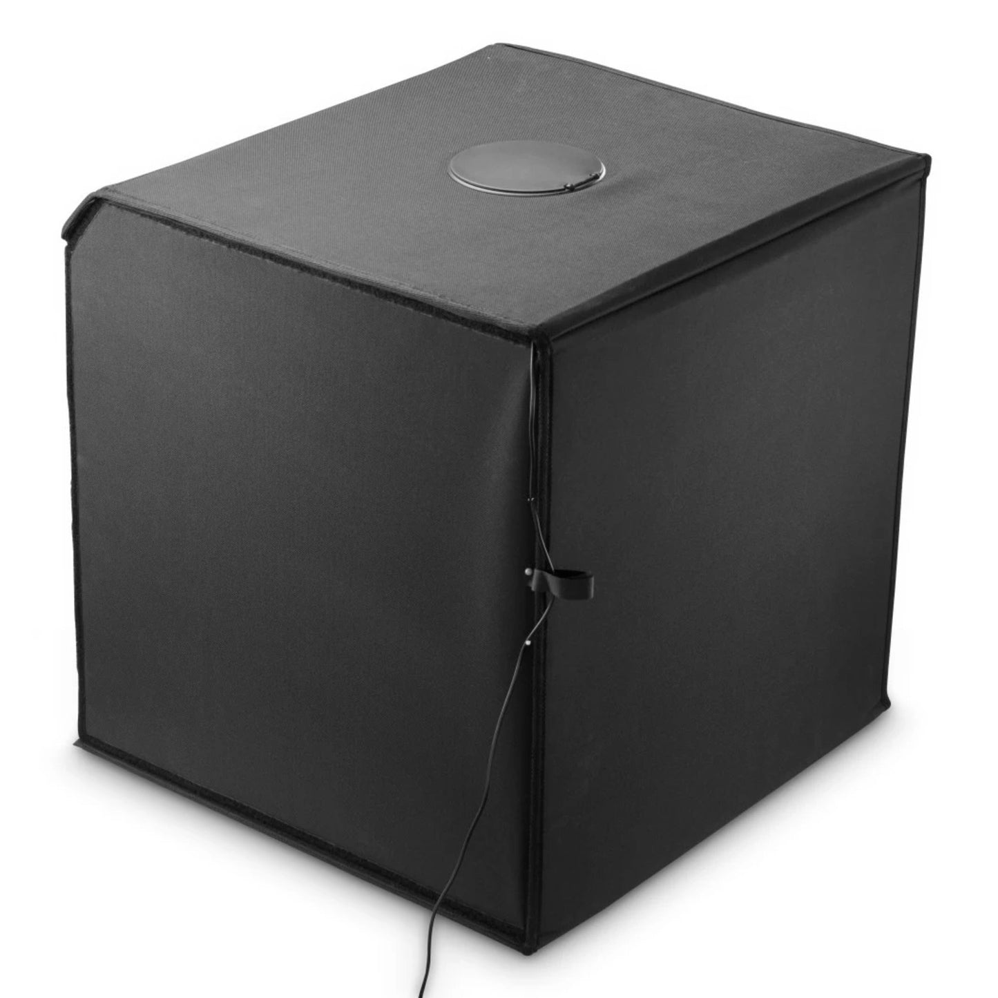 Mini-fotostudie ToGo sort foldbar fototelt med rund topventil, LED-ringlys og strømkabel til produktfotografi.