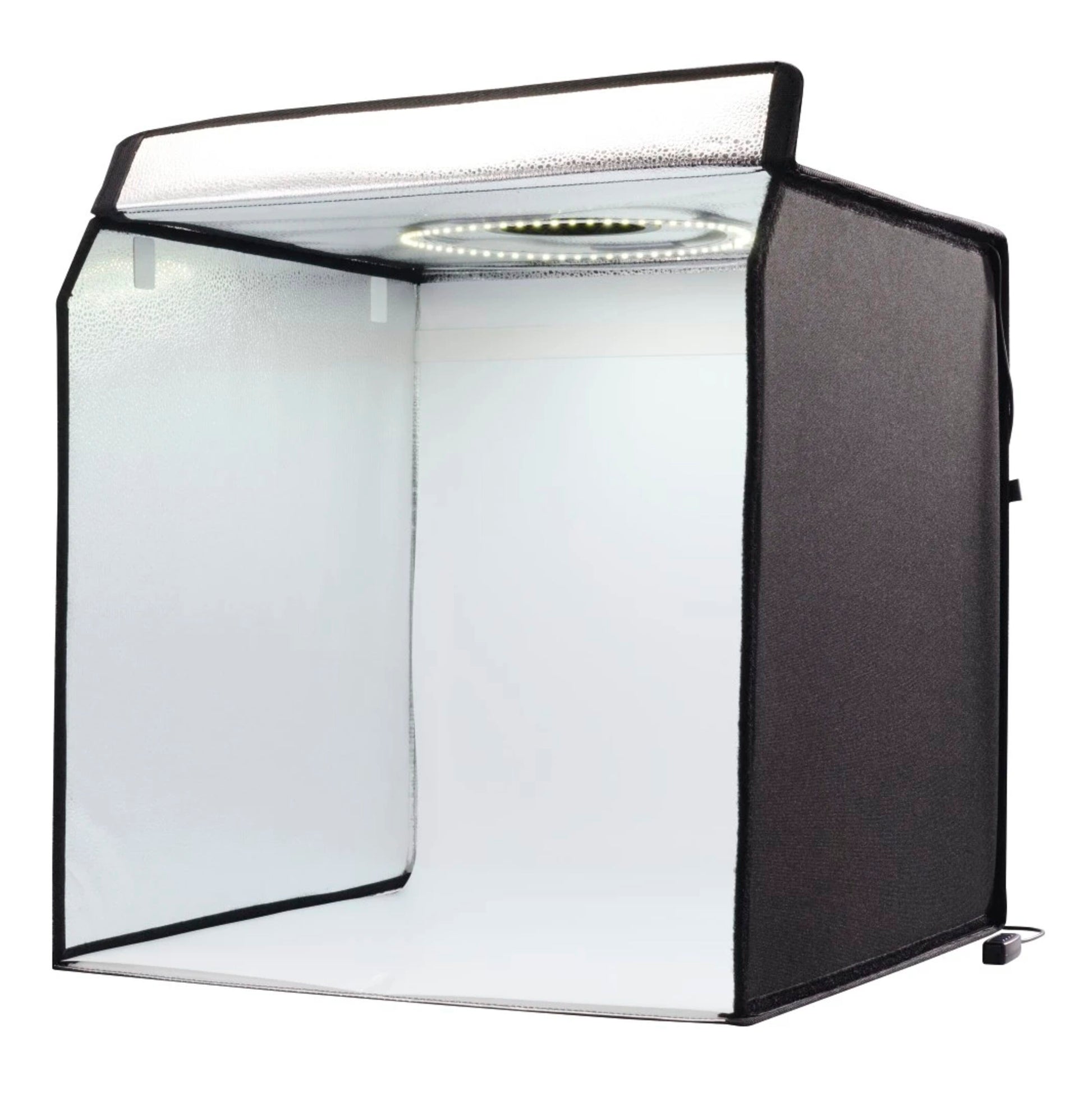 Mini-fotostudie ToGo med LED-ringlys, sort/hvid, bærbar lyskasse med refleksive vægge og topmonteret LED-ring.