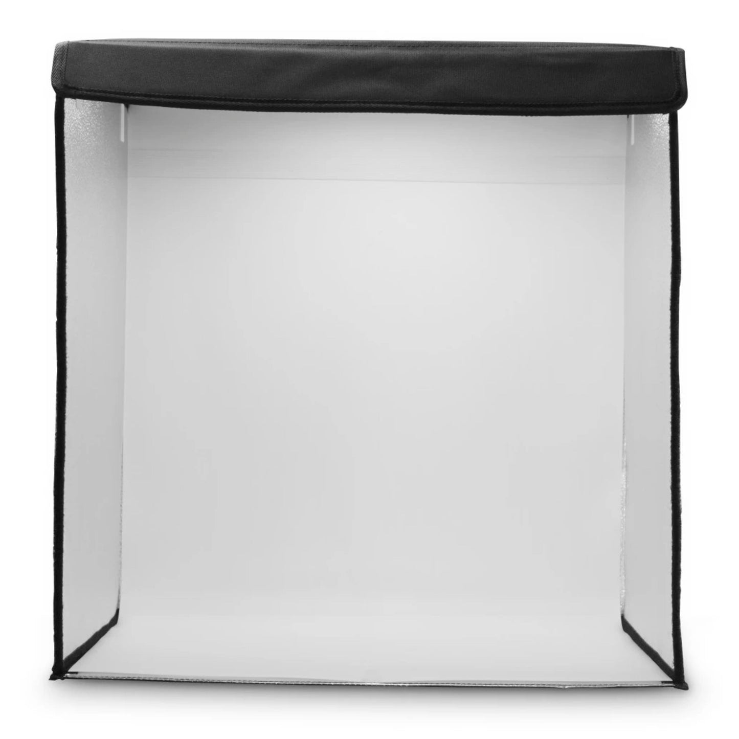 Hama Mini-fotostudie ToGo sammenklappelig kvadratisk lyskasse med LED-ringlys, sort ramme og hvidt indre.
