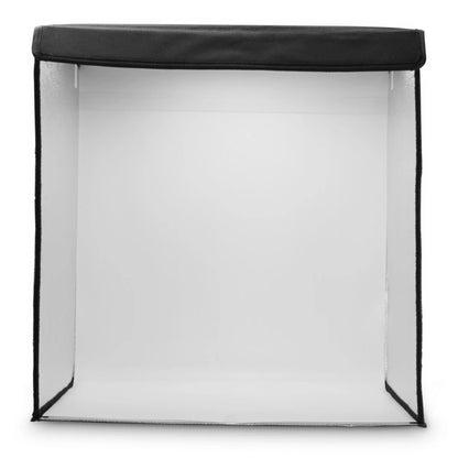 Hama Mini-fotostudie ToGo sammenklappelig kvadratisk lyskasse med LED-ringlys, sort ramme og hvidt indre.