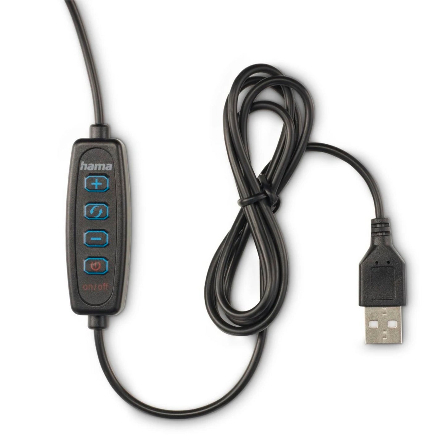 Sort Hama USB-kabel med inline fjernbetjening, blå/røde knapper til lyd, mikrofon, kamera og strøm.
