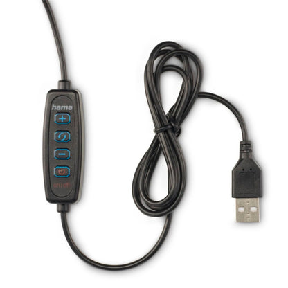 Sort Hama USB-kabel med inline fjernbetjening, blå/røde knapper til lyd, mikrofon, kamera og strøm.