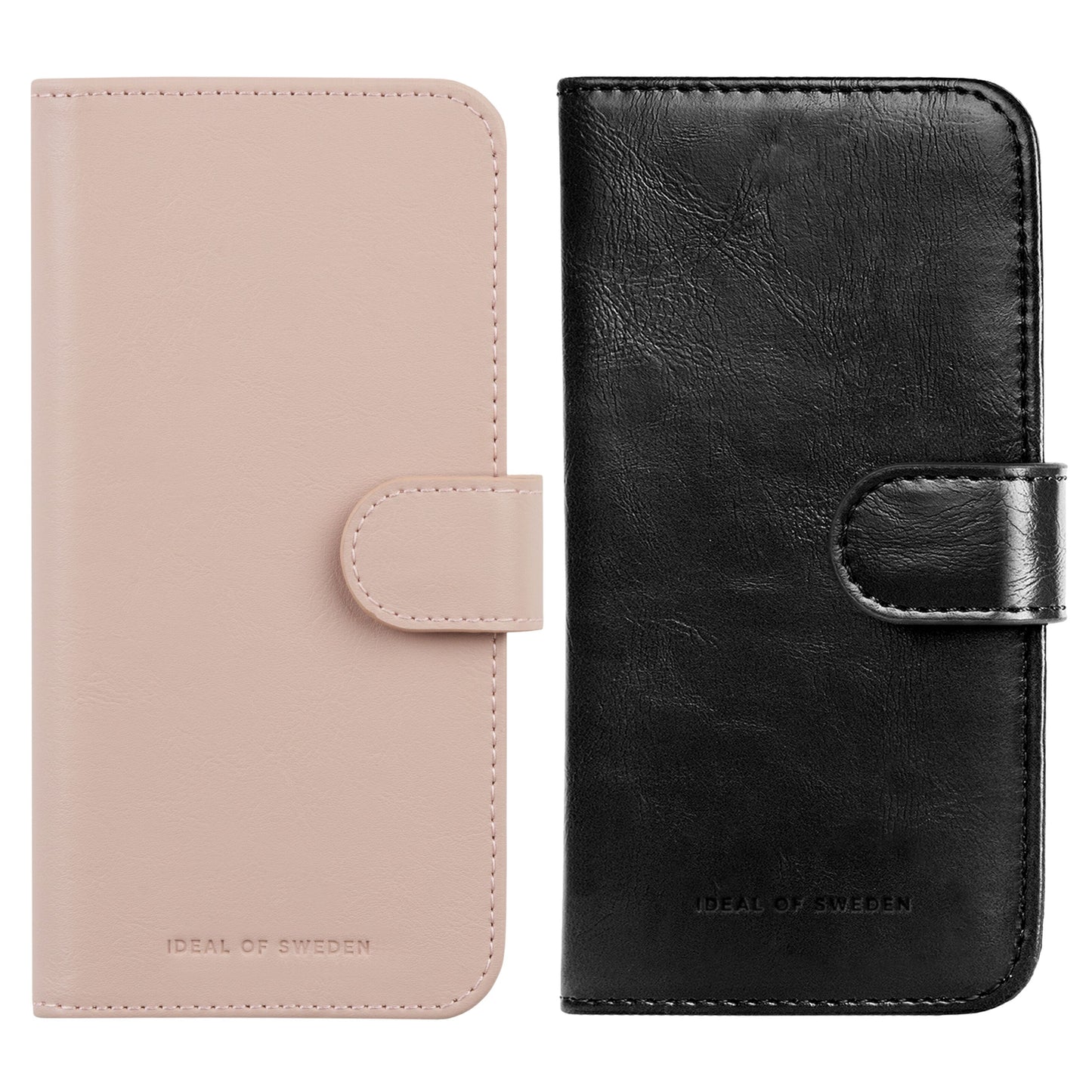 Magnet Pung+ cover til iPhone 15 i lyserød og sort med trykknap-lukning og præget logo.