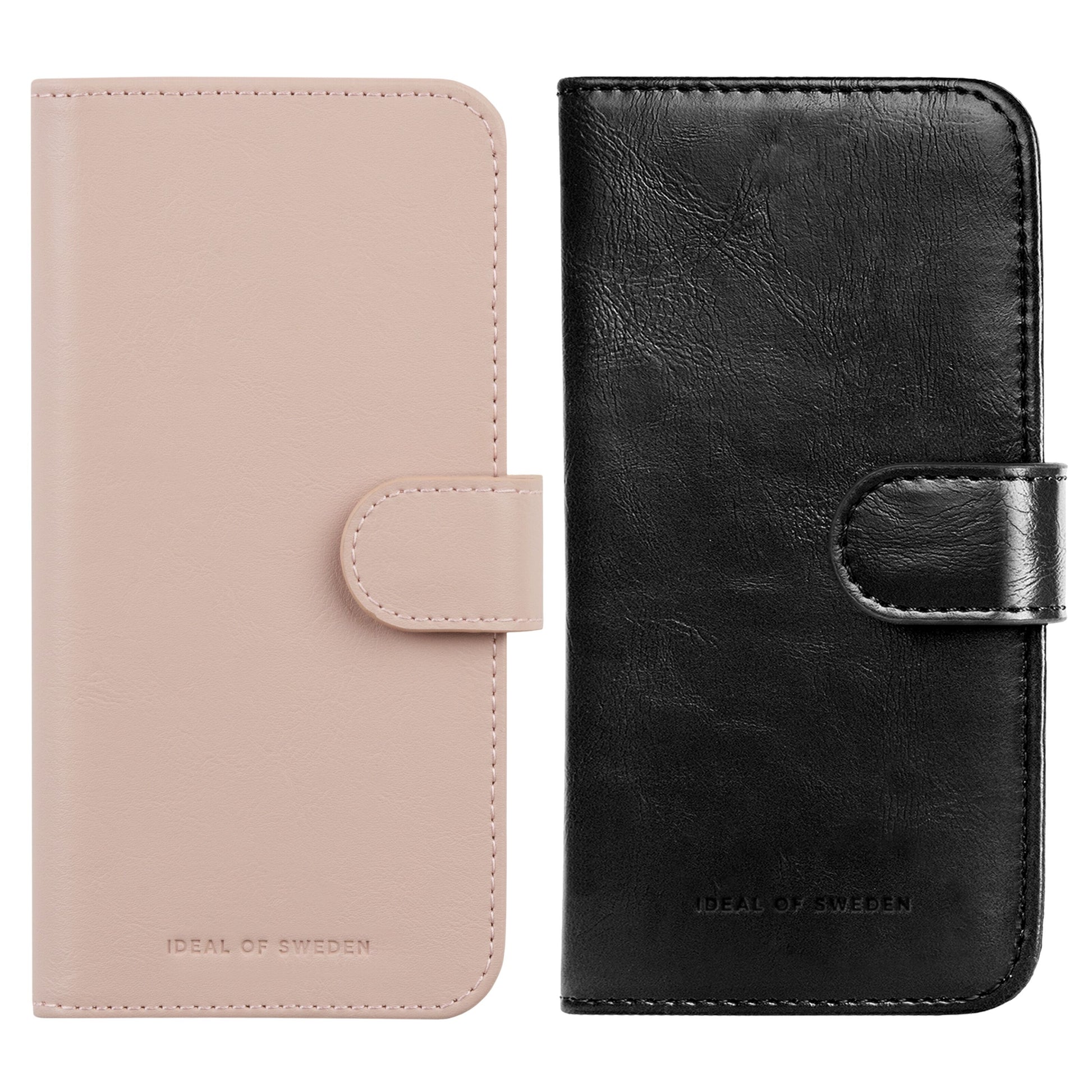 Magnet Pung+ cover til iPhone 15 i lyserød og sort med trykknap-lukning og præget logo.